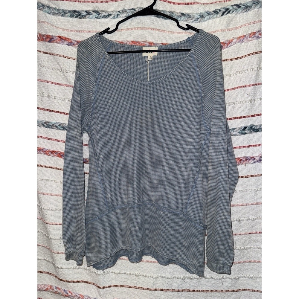 NWT BiBi Blue Oversized Long Sleeve Waffle Knit Blouse Size Small
